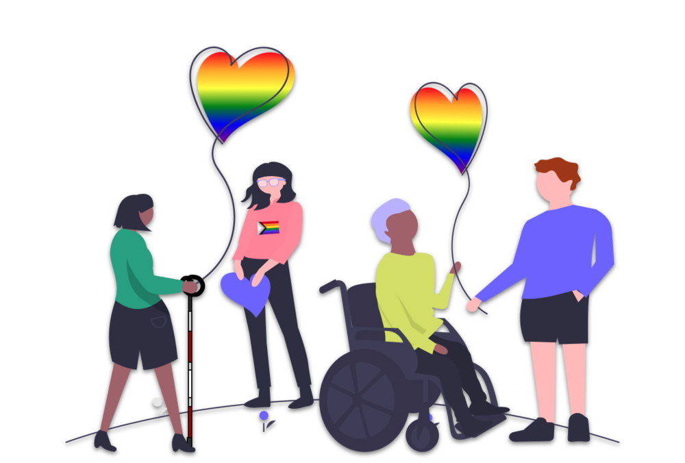 a group of people with disabilities with rainbow colored heart balloons to indicate support