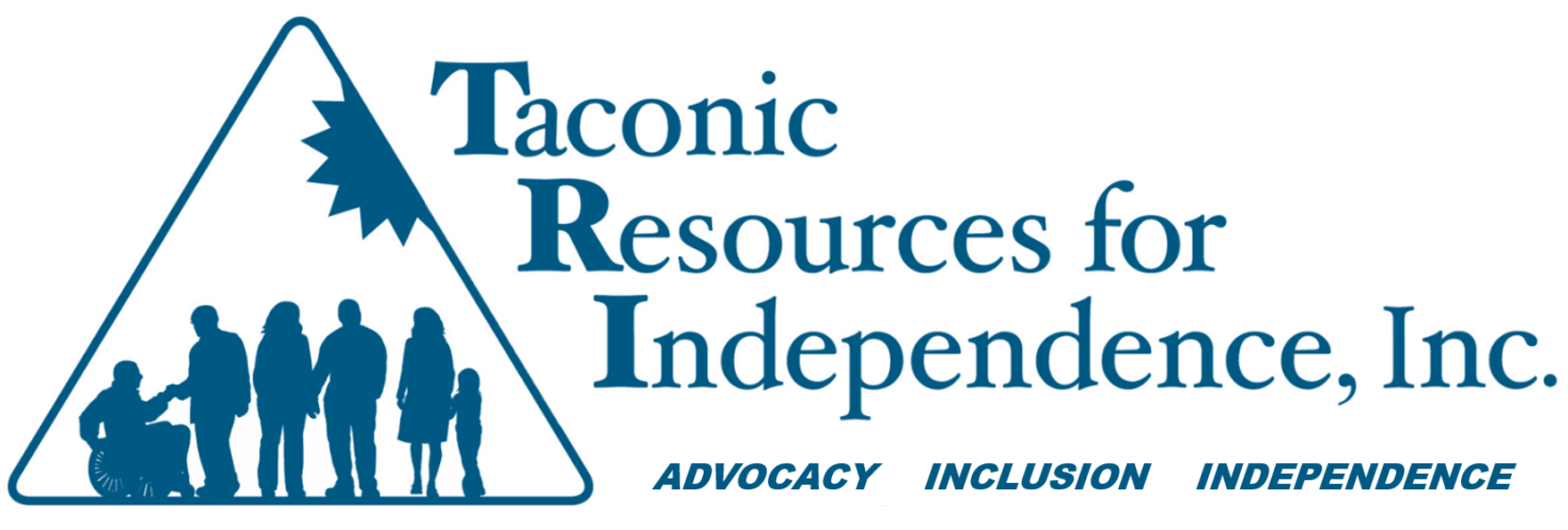 Triangle logo filled with people and a sun Taconic Resources for Independence Advocacy Inclusion Independence