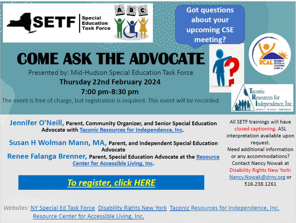 Come Ask the Advocate flyer. All info on flyer is listed below