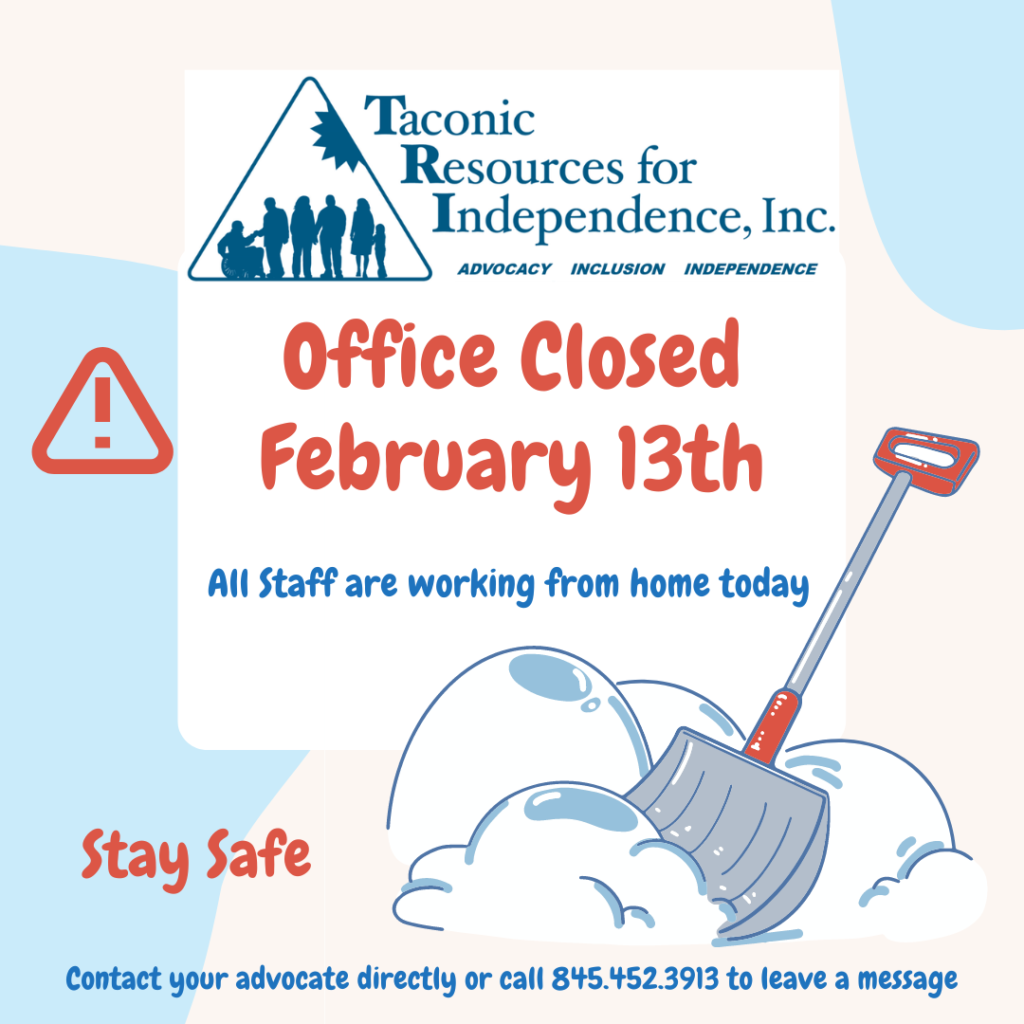 Image with a shovel in a pile of snow. Text: Office closed February 13th. All staff are working from home today. Stay Safe.