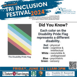 Did You Know? Each color on the Disability Pride Flag represents a different disability. The parallel stripes stand for intercommunal solidarity. The colors on the flag are disability experiences. The black background (lower left/upper right corners) mourns disabled people who died due to negligence, suicide, rebellion, illness, and eugenics. Red represents physical disabilities, Gold represents cognitive & intellectual disabilities, the White represents the nonvisabile & undiagnosed, the Blue represents psychiatric and the Green represents sensory disabilities. Are you surprised by all the symbolism that this flag holds?