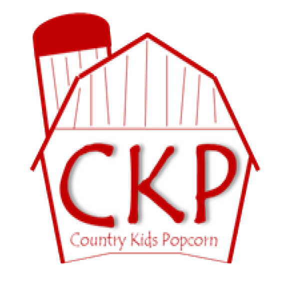 A red outlined barn house with a chimney and the letters CKP with the words Country Kids Popcorn under the letters