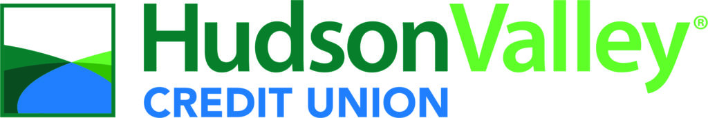 A green square with blue surrounded by green landscapes. Next to it the words Hudson Valley in green and Credit Union in blue.