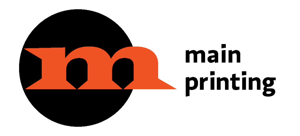 Main Printing logo. black circle behind a red orange colored letter M.