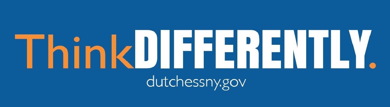 Think DIFFERENTLY. logo, dutchessny.gov website below the text. The word Think is in gold, and the word Differently is in all caps and in white, and a gold period at the end.