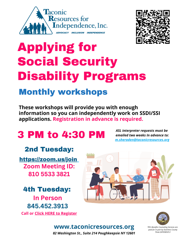 flyer for applying for social security disability programs displays an image of people at a table having a discussion with one person in a wheelchair