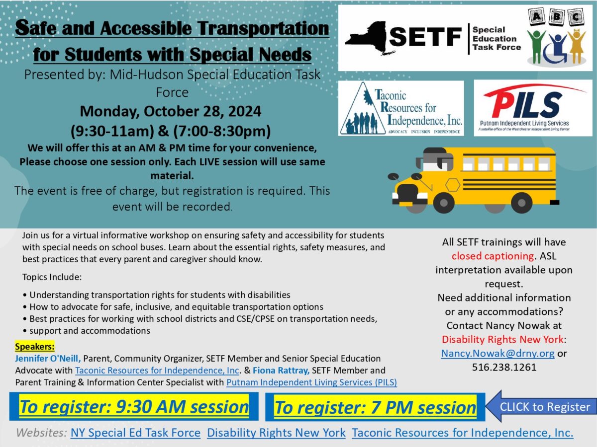 Flyer image Safe and Accessible Transporation for Students with Special Needs Monday October 28th 2024. 930am-11am and 7pm to 8:30pm. Registration and further info discribed in text.