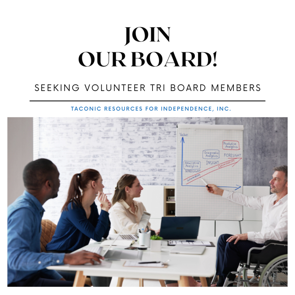 Join Our Board! Seeking Volunteer TRI Board Members. Image of people in a meeting with a person in a wheelchair presenting. Click the image for the Board Memeber Recruitment Information Sheet