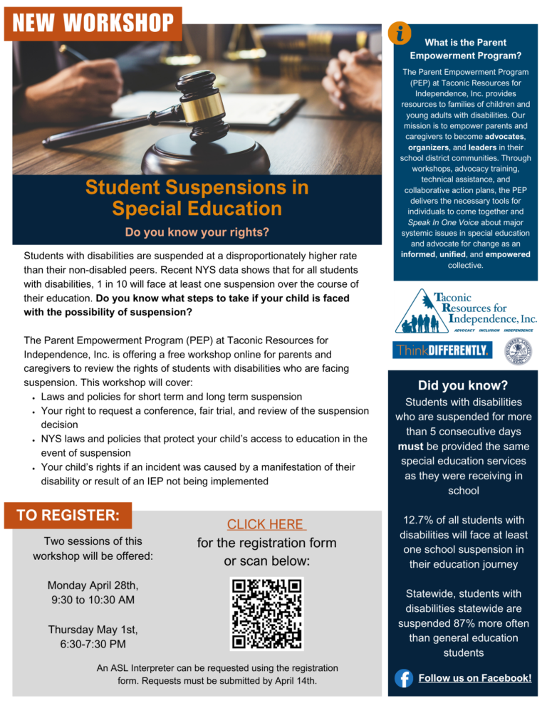 "Student Suspensions in Special Education" Workshop Flyer. Two dates- April 28th & May 1st 2025. Click the link in the description for the PDF copy