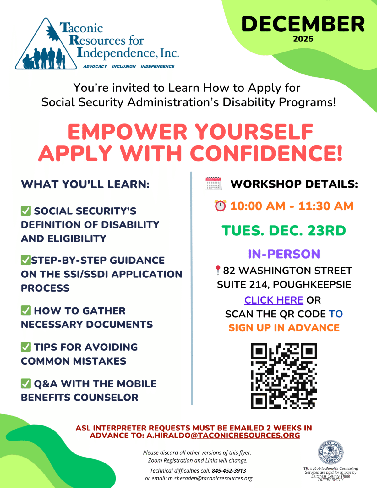 December 2025 flyer How to apply for SSI and SSDI in-person workshop