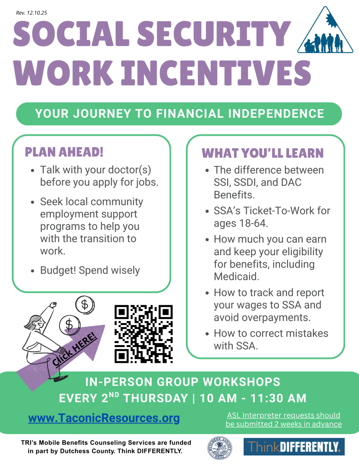 flyer for in person monthly workshop for social security work incentives