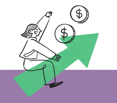 an drawing of a happy person riding on a arrow aiming towards money symbols to display financial independence