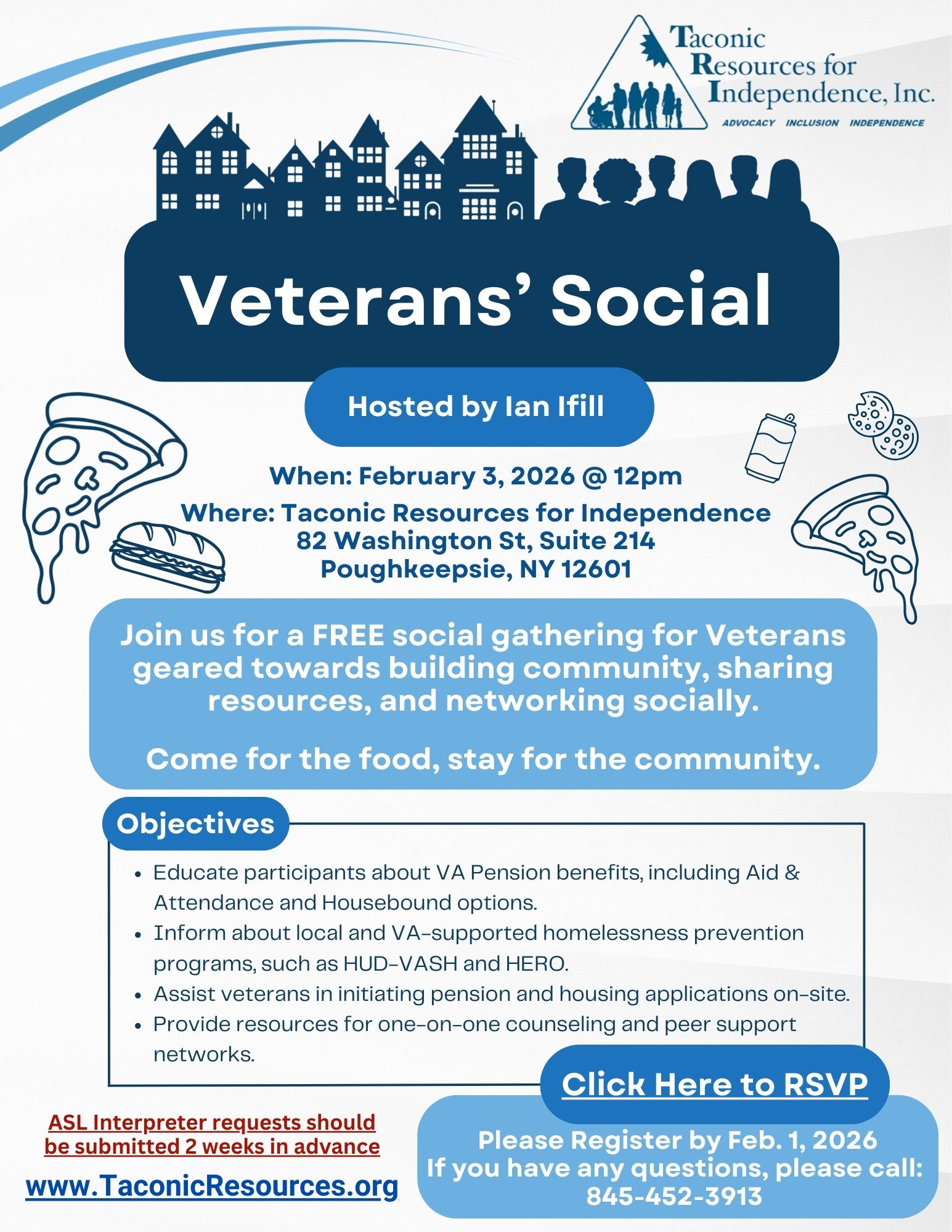 Flyer for TRI Veterans' Social event February 3rd 2026