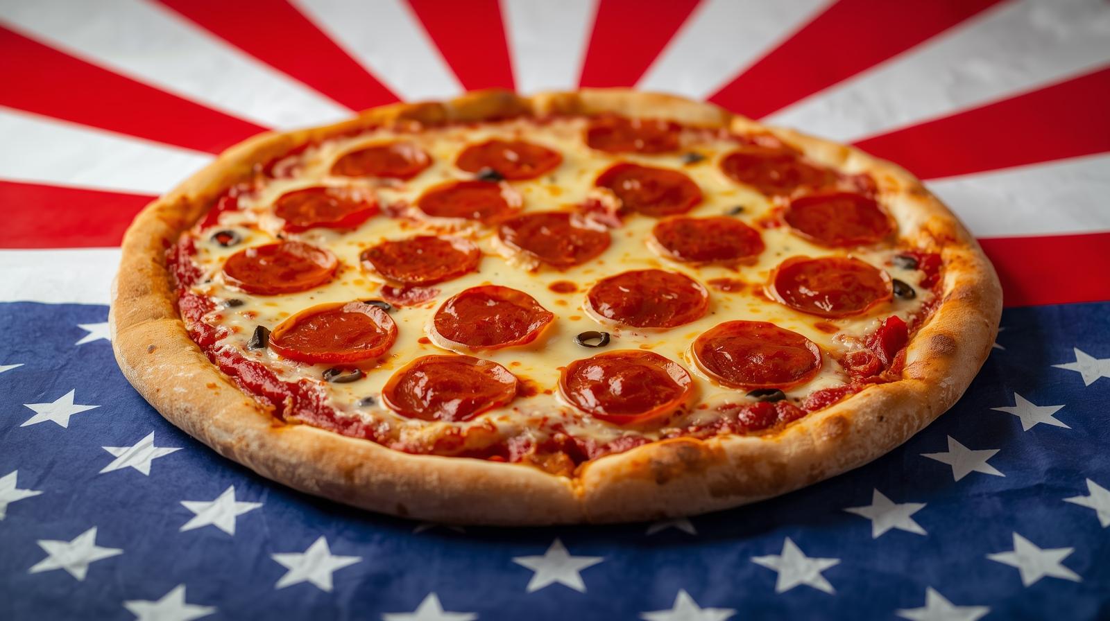 image of an American flag banner with a peperoni pizza on top