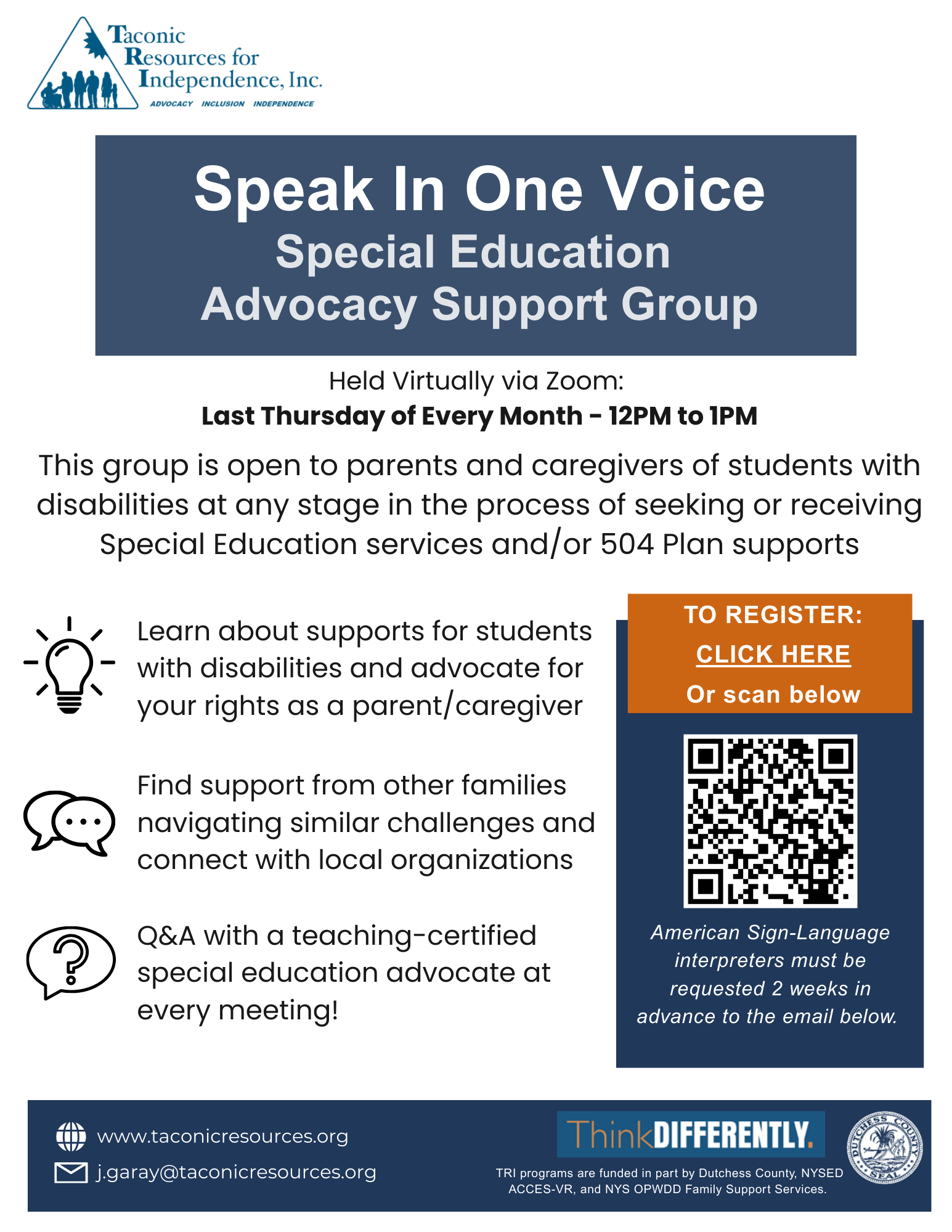 Monthly Parent Support Group flyer
