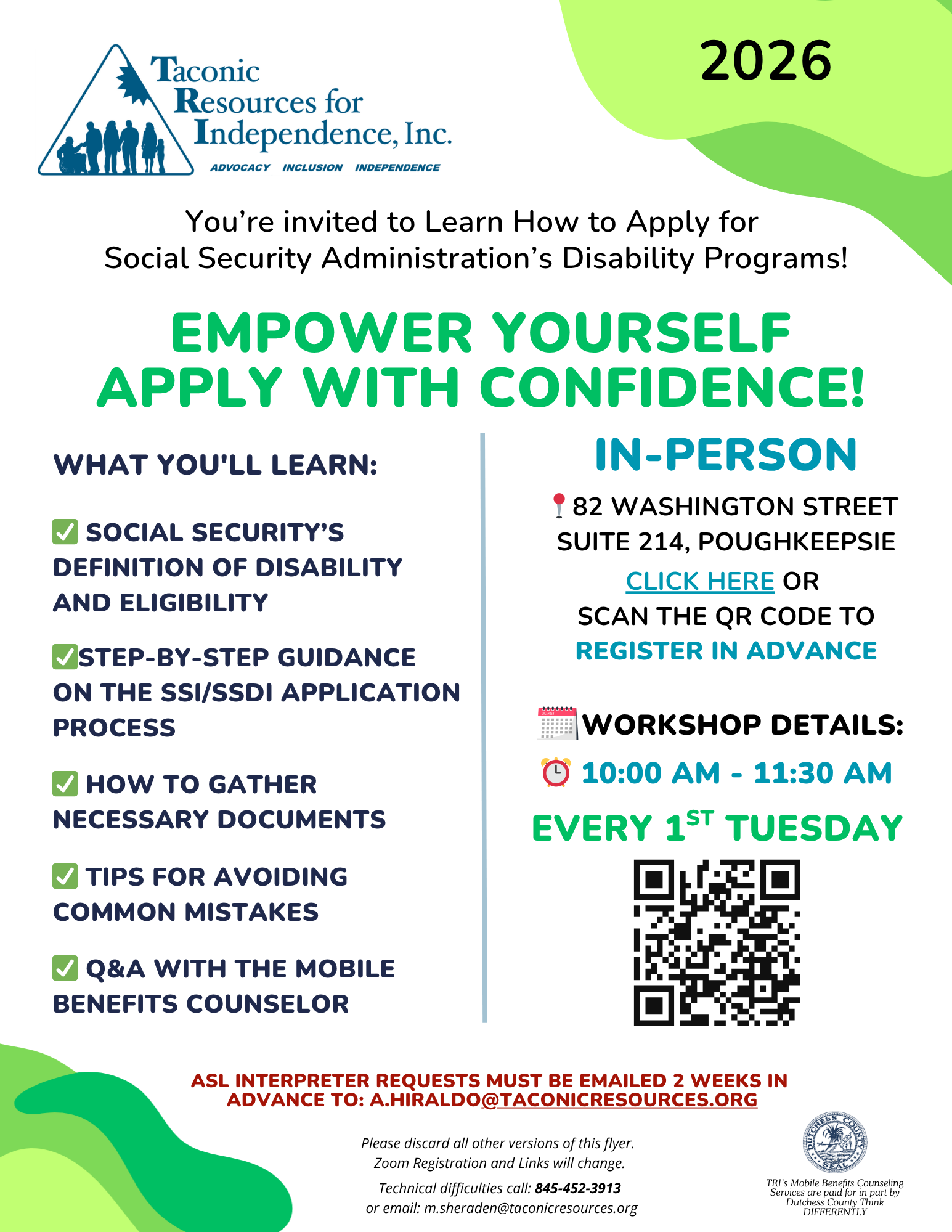 in-person workshop flyer for how to apply for social security disability programs
