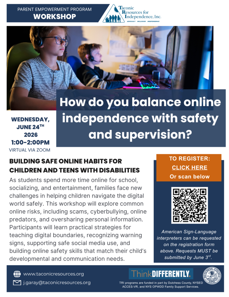 image of workshop flyer internet safety tips for youth with disabilities, June 24th