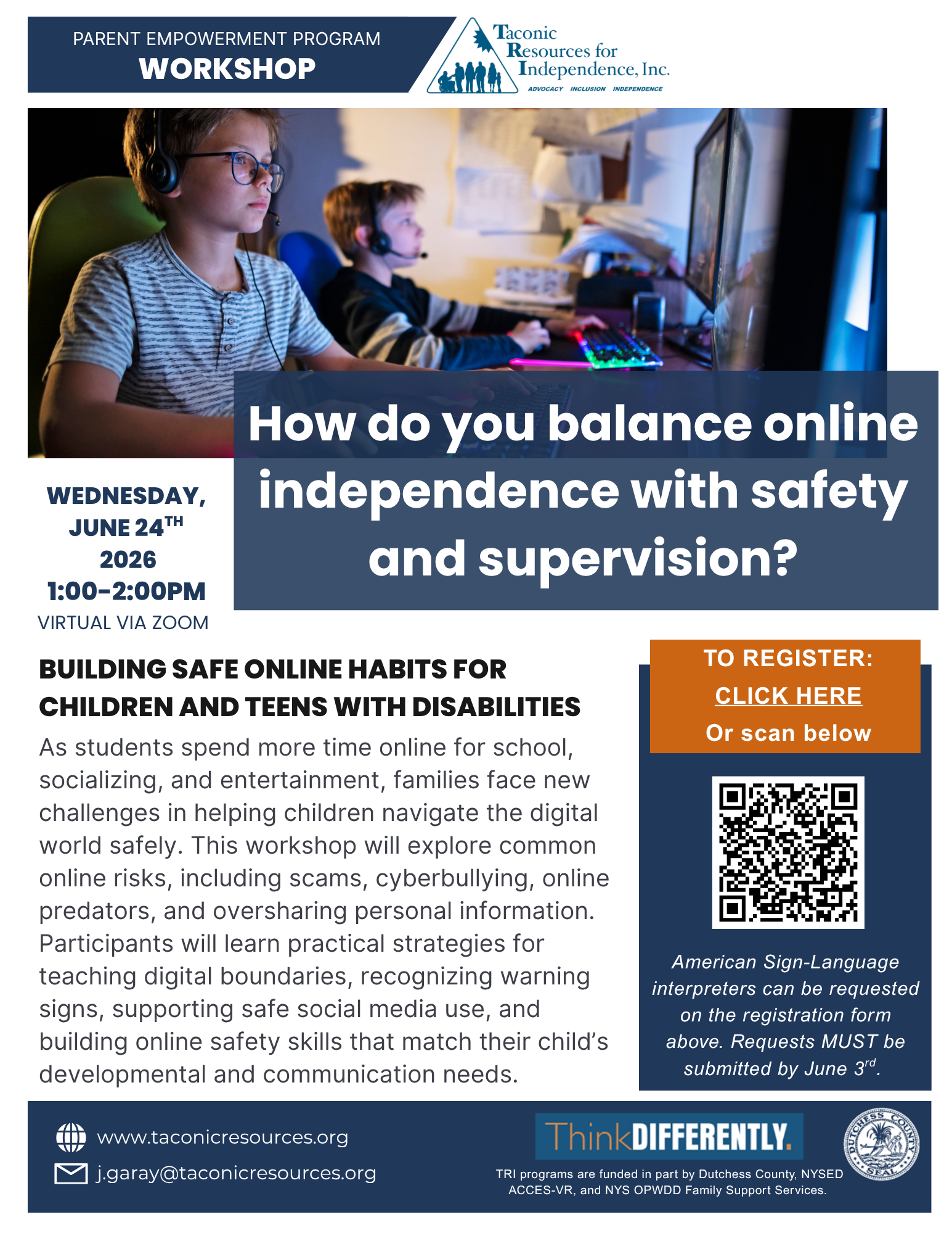 June 24th flyer on internet safety workshop for youth with disabilities