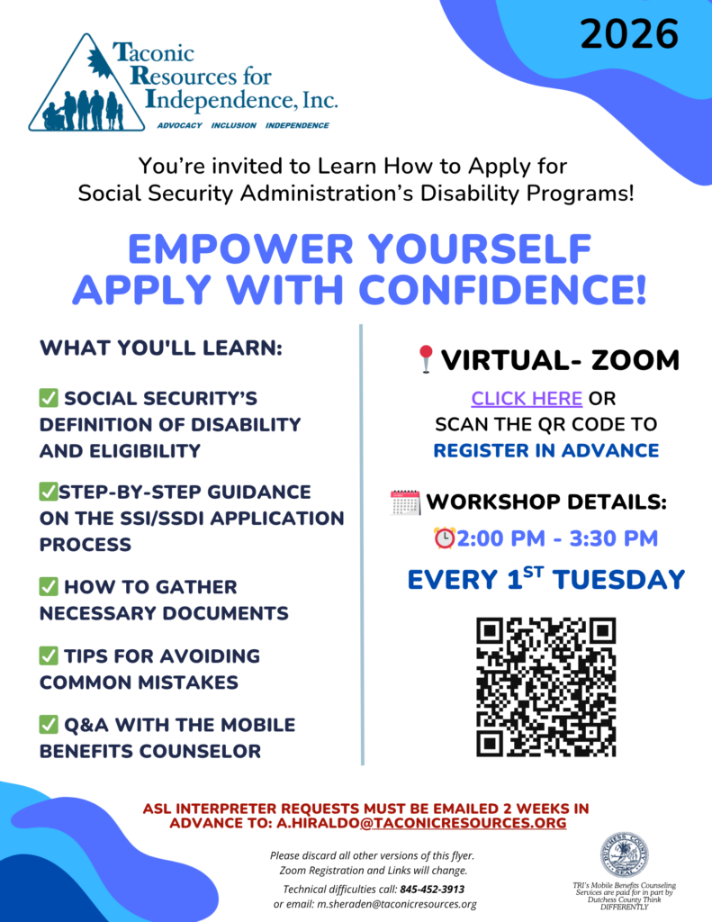 Virtual monthly Workshop flyer on how to apply for social security's disability programs